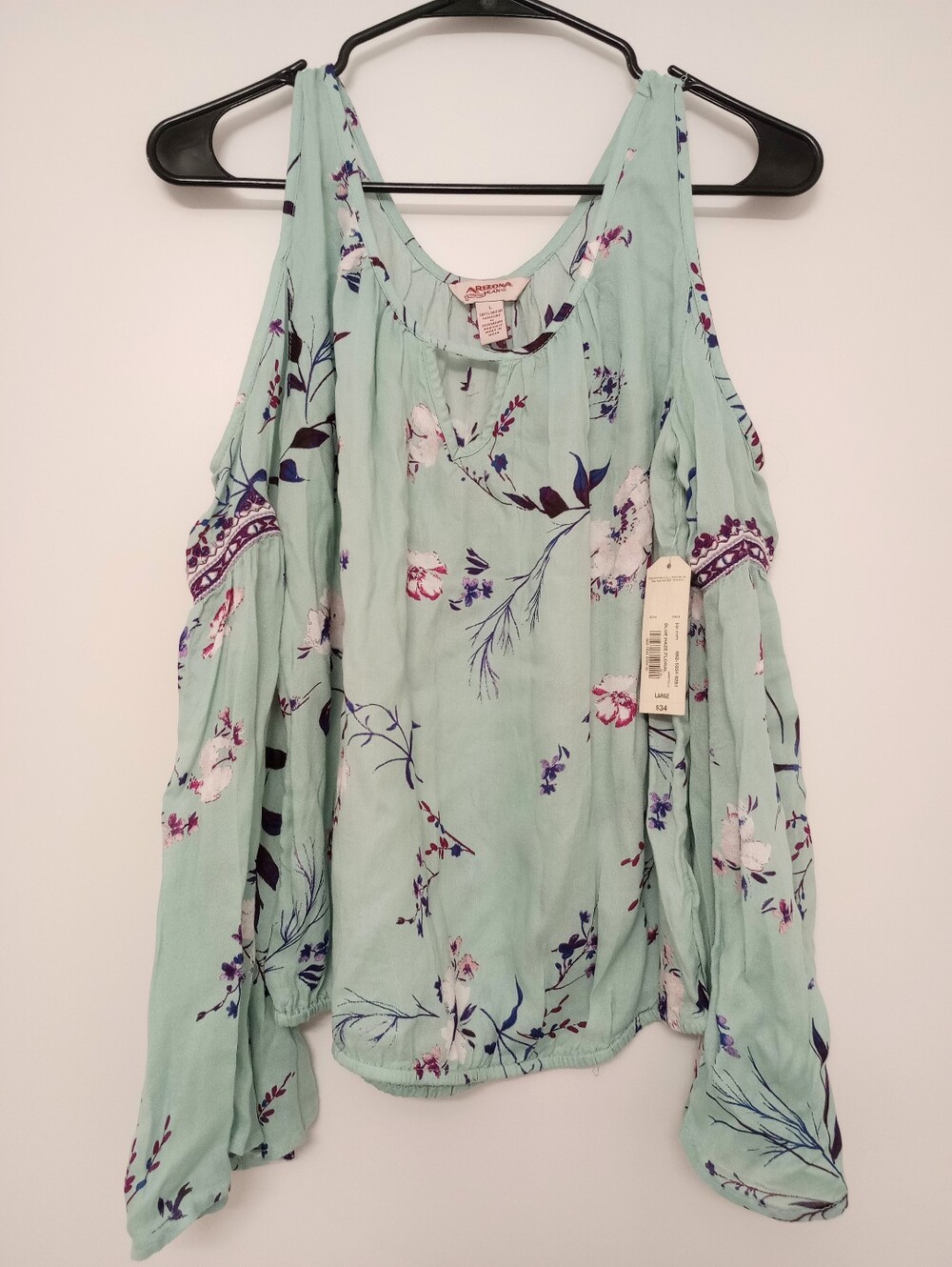 Arizona Jeans Co Mint Green Floral Cut Shoulder Tunic with Long Sleeves